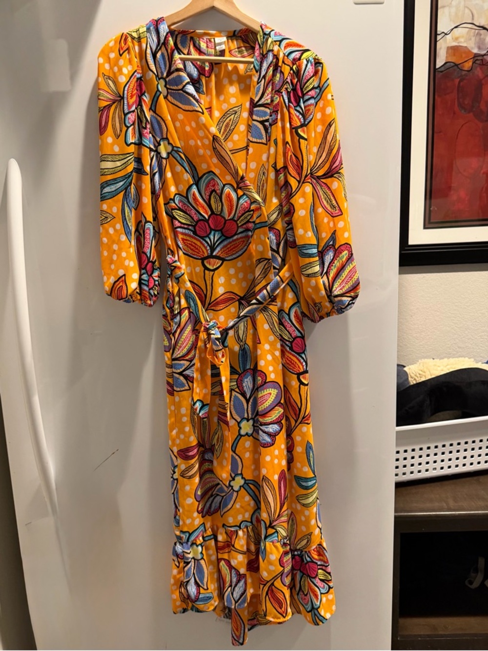 Tabitha Brown Mustard Floral Wrap Midi Dress with Tie Waist S